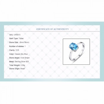 CZCITY Natural Solitaire Sky Blue Oval Topaz Stone Sterling Silver Ring For Women Fashion S925 Fine Jewelry Finger Band Rings