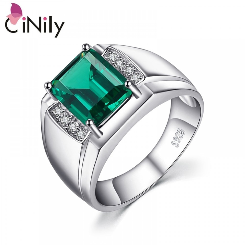 CiNily Authentic. Solid 925 Sterling Sliver Men Luxury Created Emerald Fine Jewelry for Men Ring Size 8-12 SR013