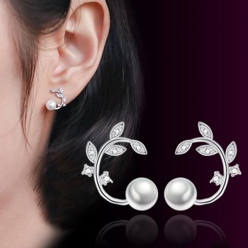 OMHXZJ Wholesale Sweet Fashion OL Woman Lady Party Gift Fresh Flower Branch Zircon Pearl 925 Sterling Silver Stud Earrings YS360