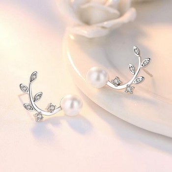 OMHXZJ Wholesale Sweet Fashion OL Woman Lady Party Gift Fresh Flower Branch Zircon Pearl 925 Sterling Silver Stud Earrings YS360