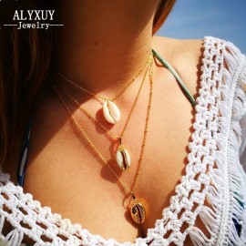 Fashion Bohemia Multilayer  Shell Choker Necklace Statement Alloy Shell Natural Seashell Pendant Necklace for Women  N0172