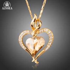 AZORA Long Link Chain Heart Austrian Crystal Gold Color Heart Pendant Necklace for Valentines Day Gift of Love TN0204