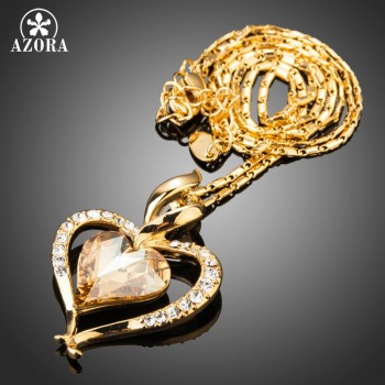 AZORA Long Link Chain Heart Austrian Crystal Gold Color Heart Pendant Necklace for Valentines Day Gift of Love TN0204