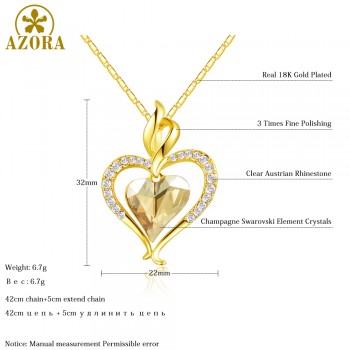 AZORA Long Link Chain Heart Austrian Crystal Gold Color Heart Pendant Necklace for Valentines Day Gift of Love TN0204