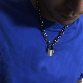Handmade Men Women Unisex Chain Necklace Heavy Duty Square Lock Padlock Choker Metal Collar