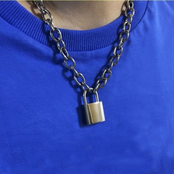 Handmade Men Women Unisex Chain Necklace Heavy Duty Square Lock Padlock Choker Metal Collar