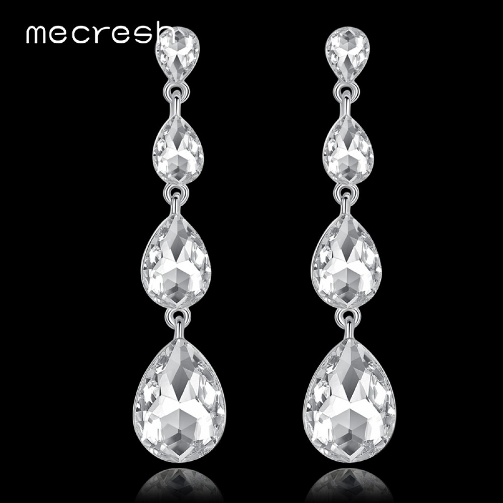 Mecresh Simple Silver Color Crystal Wedding Long Drop Earrings 2018 Rhinestone Teardrop Korean Dangle Earrings for Women EH1118