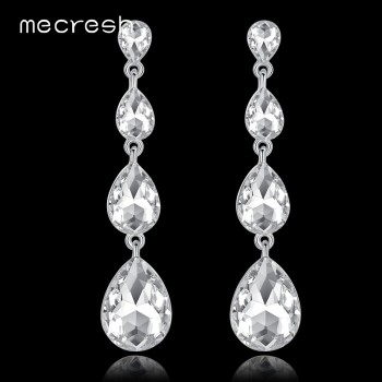 Mecresh Simple Silver Color Crystal Wedding Long Drop Earrings 2018 Rhinestone Teardrop Korean Dangle Earrings for Women EH1118