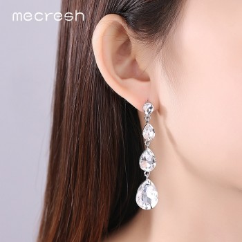 Mecresh Simple Silver Color Crystal Wedding Long Drop Earrings 2018 Rhinestone Teardrop Korean Dangle Earrings for Women EH1118