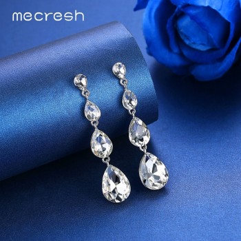 Mecresh Simple Silver Color Crystal Wedding Long Drop Earrings 2018 Rhinestone Teardrop Korean Dangle Earrings for Women EH1118