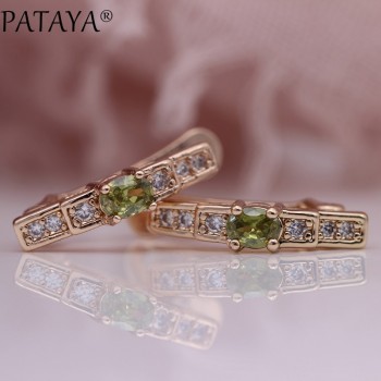 PATAYA New Oval Green Earrings Women Fashion Wedding Cute Fine Jewelry 585 Rose Gold Multicolor Natural Zircon Dangle Earrings