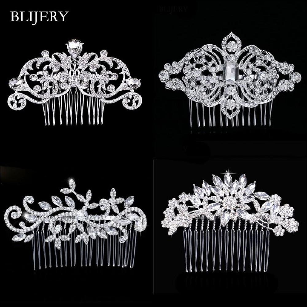 BLIJERY Trendy Bridal Hair Accessories Silver Color Rhinestone Crystal Brides Tiara Floral Wedding Hair Combs Women Hair Jewelry