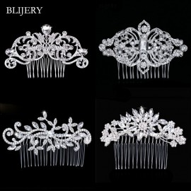 BLIJERY Trendy Bridal Hair Accessories Silver Color Rhinestone Crystal Brides Tiara Floral Wedding Hair Combs Women Hair Jewelry