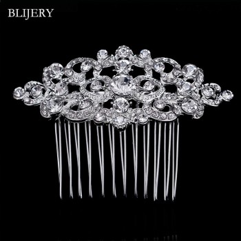 BLIJERY Trendy Bridal Hair Accessories Silver Color Rhinestone Crystal Brides Tiara Floral Wedding Hair Combs Women Hair Jewelry