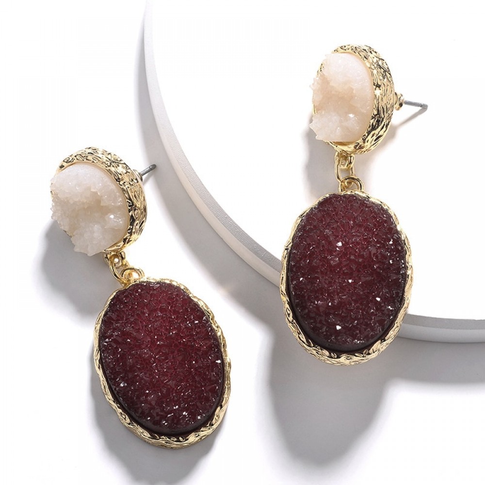 Fashion Zinc Alloy Gold Plating Circle Oval Shape Imitation Resin Druzy Stone Earring