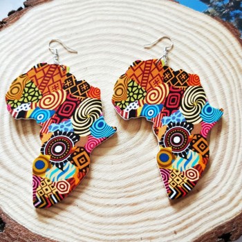 Tribal Wood Africa Map DIY Colorful Painting Afro Vintage Earrings Round Wooden Boho African Bohemia Ear Jewelry Party Accessory
