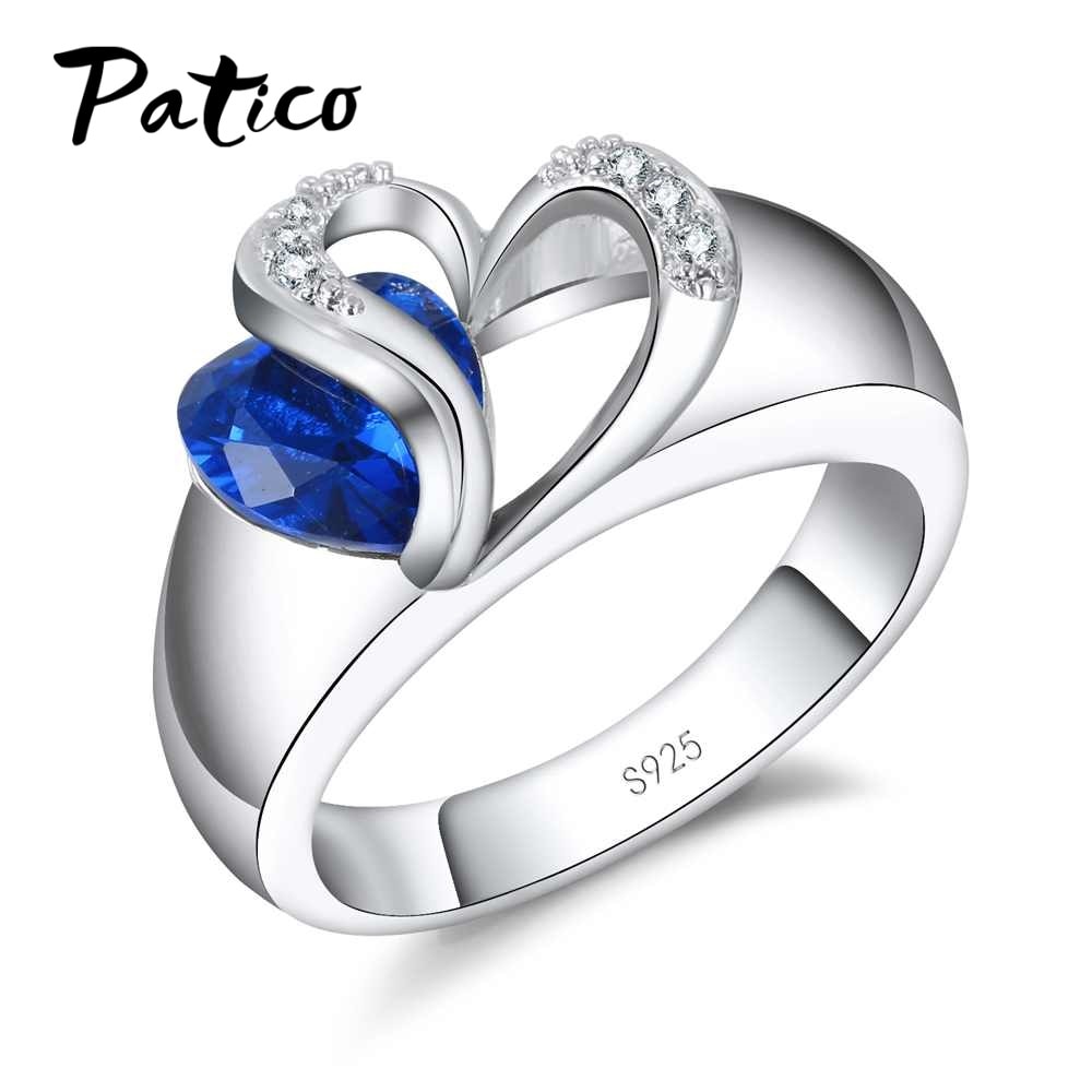 PATICO Blue CZ Crystal 925 Sterling Silver Finger Ring Heart Cubic Zirconia Stone for Women Engagement Anniversary Jewelry Gifts