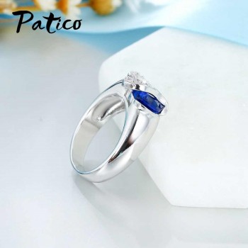 PATICO Blue CZ Crystal 925 Sterling Silver Finger Ring Heart Cubic Zirconia Stone for Women Engagement Anniversary Jewelry Gifts