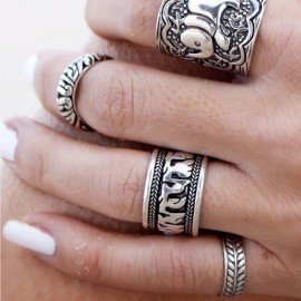 Jisensp Bohemia Antique Silver Elephant Animal Rings for Women Jewelry Gift Carved Leaf Rings Sets Fashion Midi Finger Rings