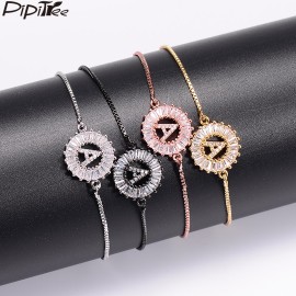 Pipitree Cubic Zirconia 26 Alphabet Letter Charm Bracelet Femme Copper A-Q Initial Chain Bracelets for Women Jewelry Adjustable