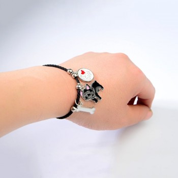 French Bulldog Charm Bracelets Bangles Women Girls Silver Color Dog Pendant Rope Chain Female Wrap Bracelet Jewelry Bijoux Femme