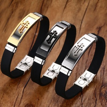 Gold Tone Cross Cuff Bracelet for Men Black Rubber Bracelets Bangles Male Prayer Armhand Jewelry 8