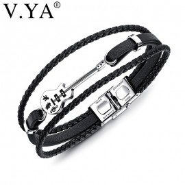 V.YA Multilayer Genuine Leather DIY Guitar Man Bracelets Classical Engrave Rope Chain Design Men Jewelry Magnet Buckle Drop Ship