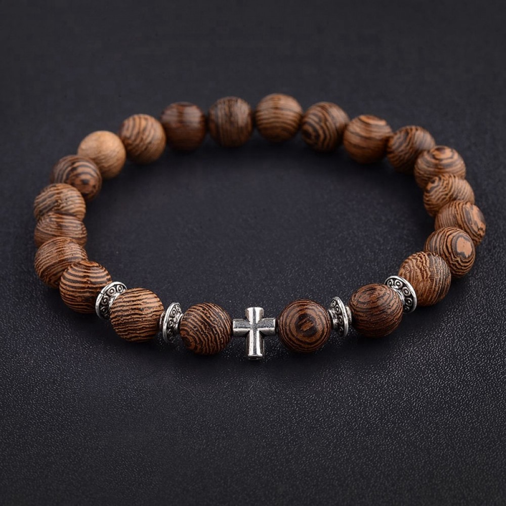 Amader Hot Men Natural Wood Beads Cross Bracelets Onyx Meditation Prayer Bead Bracelet Women Wooden Yoga Jewelry ABJ003