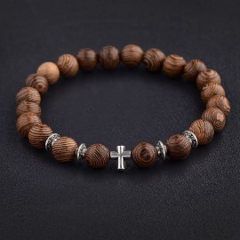 Amader Hot Men Natural Wood Beads Cross Bracelets Onyx Meditation Prayer Bead Bracelet Women Wooden Yoga Jewelry ABJ003