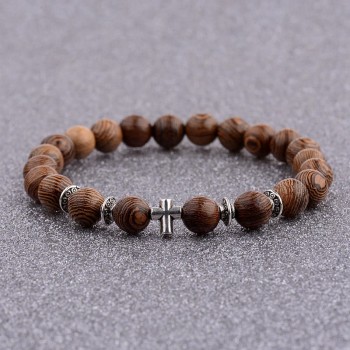 Amader Hot Men Natural Wood Beads Cross Bracelets Onyx Meditation Prayer Bead Bracelet Women Wooden Yoga Jewelry ABJ003