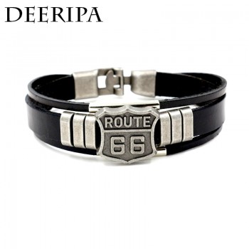 Vintage Punk Men Route 66 Sign Narrow Leather Bracelet Balck Cuff Bracelets amp; Bangles Wristband Men Jewelry Accessories Gifts