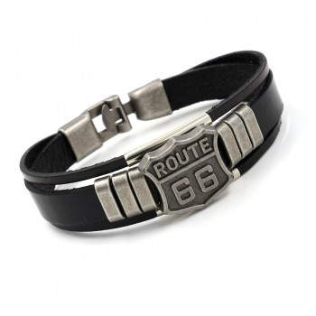 Vintage Punk Men Route 66 Sign Narrow Leather Bracelet Balck Cuff Bracelets amp; Bangles Wristband Men Jewelry Accessories Gifts