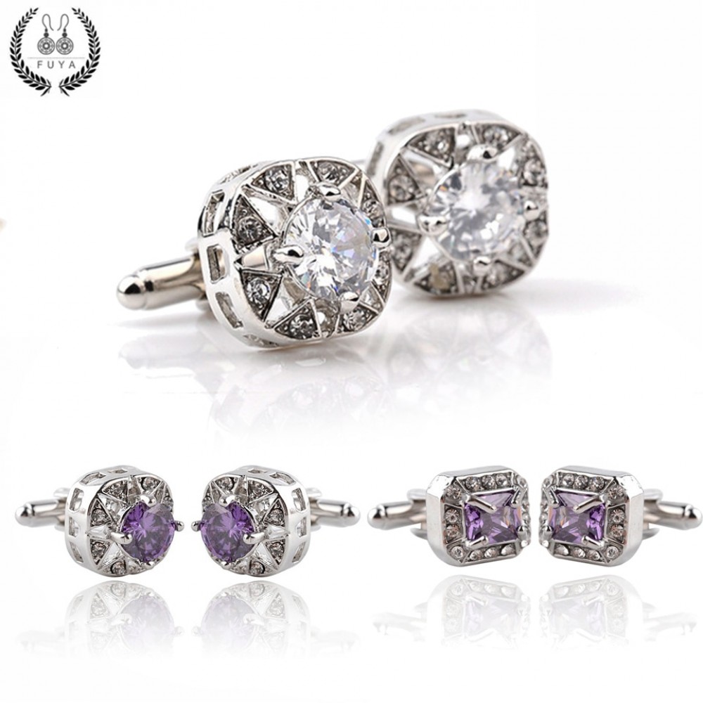 Elegant silver purple rhinestone crystal cufflinks buttons gifts Trendy round square geometric cufflinks for mens shirt jewelry