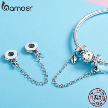 BAMOER Authentic 925 Sterling Silver Stackable Heart Love Heart Dangle Safety Chain Charm fit Charm Bracelet DIY Jewelry SCC606