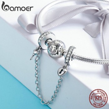 BAMOER Authentic 925 Sterling Silver Stackable Heart Love Heart Dangle Safety Chain Charm fit Charm Bracelet DIY Jewelry SCC606