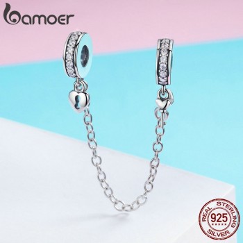 BAMOER Authentic 925 Sterling Silver Stackable Heart Love Heart Dangle Safety Chain Charm fit Charm Bracelet DIY Jewelry SCC606