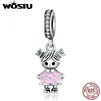 WOSTU Hot Sale 925 Sterling Silver Lovely Girl Boy Pendant Charm fit Beads Bracelet Necklace DIY Jewelry Daughter Gift CQC543