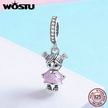 WOSTU Hot Sale 925 Sterling Silver Lovely Girl Boy Pendant Charm fit Beads Bracelet Necklace DIY Jewelry Daughter Gift CQC543