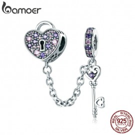 BAMOER 100% 925 Sterling Silver Key of Heart Lock Crystal CZ Chain Charms Fit Charm Bracelets amp; Necklaces Chain Jewelry SCC772