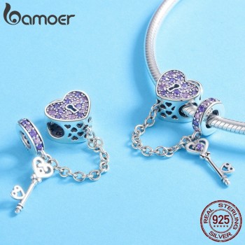 BAMOER 100% 925 Sterling Silver Key of Heart Lock Crystal CZ Chain Charms Fit Charm Bracelets amp; Necklaces Chain Jewelry SCC772