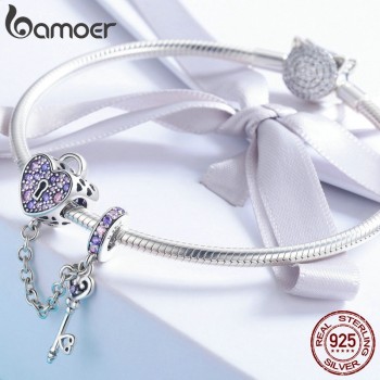 BAMOER 100% 925 Sterling Silver Key of Heart Lock Crystal CZ Chain Charms Fit Charm Bracelets amp; Necklaces Chain Jewelry SCC772