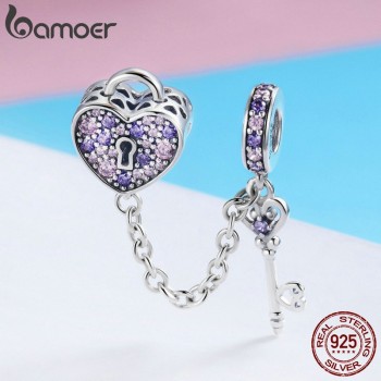 BAMOER 100% 925 Sterling Silver Key of Heart Lock Crystal CZ Chain Charms Fit Charm Bracelets amp; Necklaces Chain Jewelry SCC772