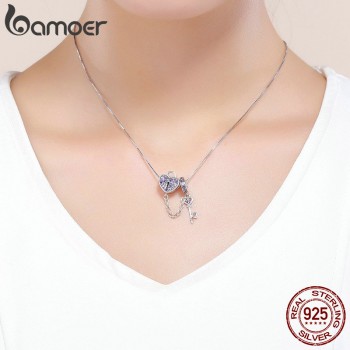 BAMOER 100% 925 Sterling Silver Key of Heart Lock Crystal CZ Chain Charms Fit Charm Bracelets amp; Necklaces Chain Jewelry SCC772