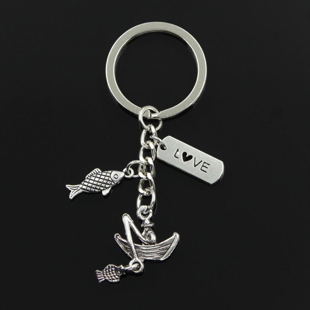 Fashion 30mm Key Chain Keychain Jewelry Silver fisherman boat love fishing fish Pendant