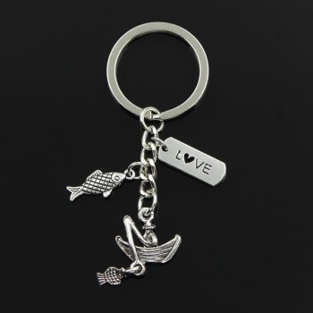 Fashion 30mm Key Chain Keychain Jewelry Silver fisherman boat love fishing fish Pendant