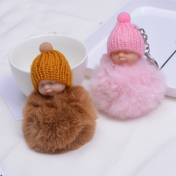 SUKI Cute Fluffy Sleeping Baby Keychain Pompom Faux Fur Ball Key Chain Car Keyring Women Key Holder Bag Pendant Charm Jeweler
