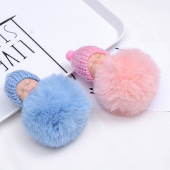 SUKI Cute Fluffy Sleeping Baby Keychain Pompom Faux Fur Ball Key Chain Car Keyring Women Key Holder Bag Pendant Charm Jeweler