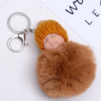 SUKI Cute Fluffy Sleeping Baby Keychain Pompom Faux Fur Ball Key Chain Car Keyring Women Key Holder Bag Pendant Charm Jeweler