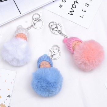 SUKI Cute Fluffy Sleeping Baby Keychain Pompom Faux Fur Ball Key Chain Car Keyring Women Key Holder Bag Pendant Charm Jeweler