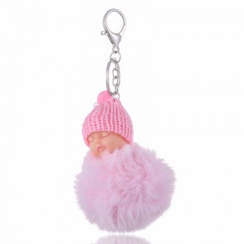 SUKI Cute Fluffy Sleeping Baby Keychain Pompom Faux Fur Ball Key Chain Car Keyring Women Key Holder Bag Pendant Charm Jeweler